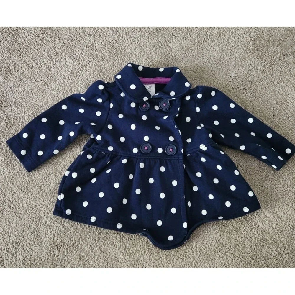 Fall Polka Dot Pea Coat‎ baby size 3 months, navy blue and white